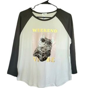 *NEW* WEEKEND VIBE Cat with Sunglasses Women's PJ Top Long Sleeve Shirt